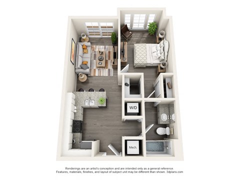 Floor plan for 1 bed, 1 bath, 659 sqft